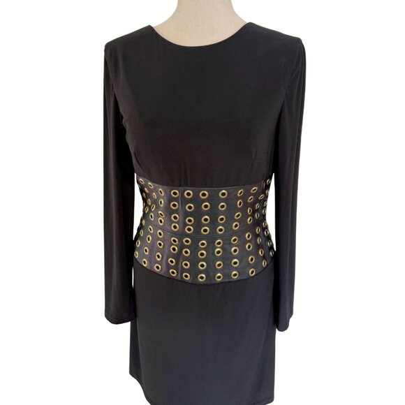 Jovani Faux Leather Long Sleeve Low Back Black Dress Size 10 Cocktail Mini Sexy - Picture 5 of 12